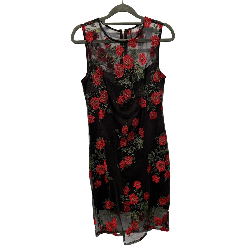 Calvin Klein Womens Black Floral Embroidered‎ Mesh Sheath Dress Red Flowers  4